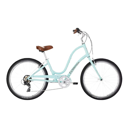 Side view of the Electra Townie 7D Step-Thru 26 Inch Wheeled Bike in Rain, a light blue color, against a white background.