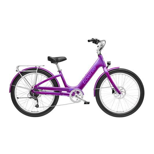 Side view of the Electra Townie Go! E-Bike with a purple step-through frame, black  saddle, and black tires, shown on a plain white background.