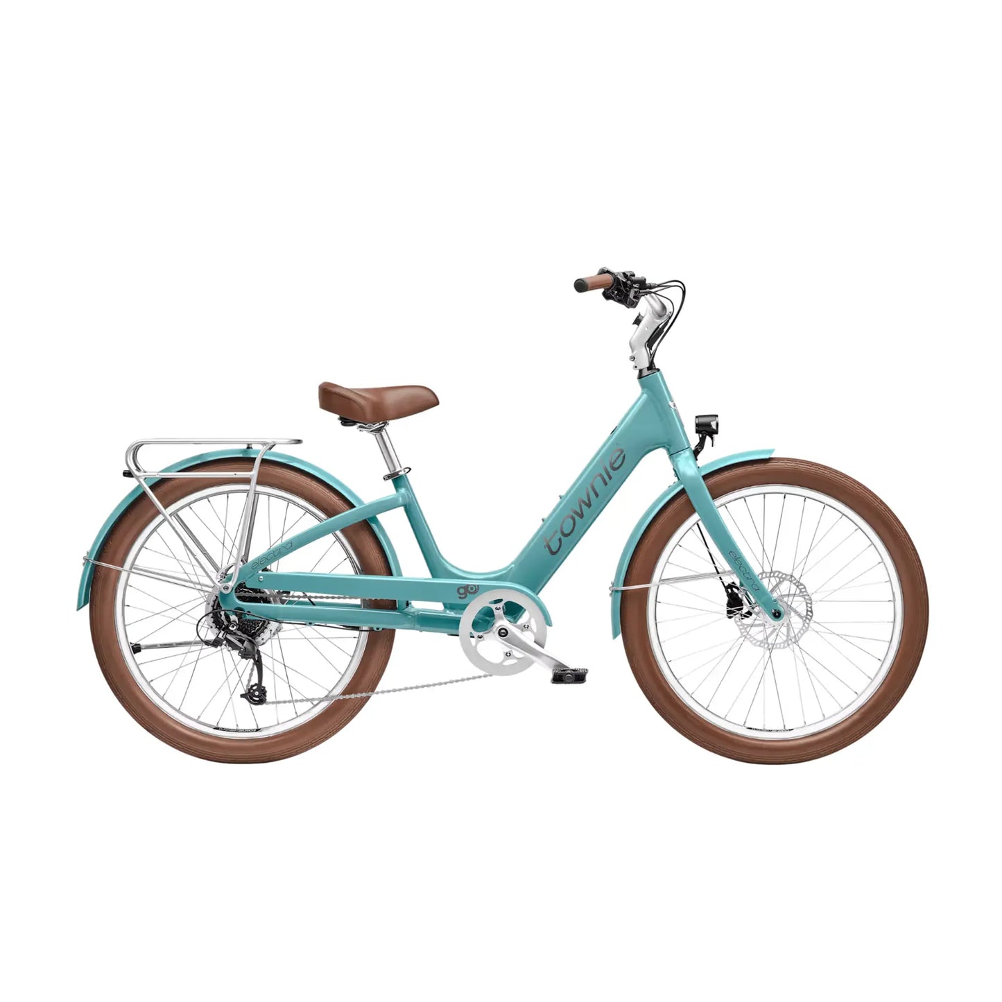 Side view of the Electra Townie Go! S E-Bike with a teal step-through frame, brown leather saddle, and brown tires, shown on a plain white background.
