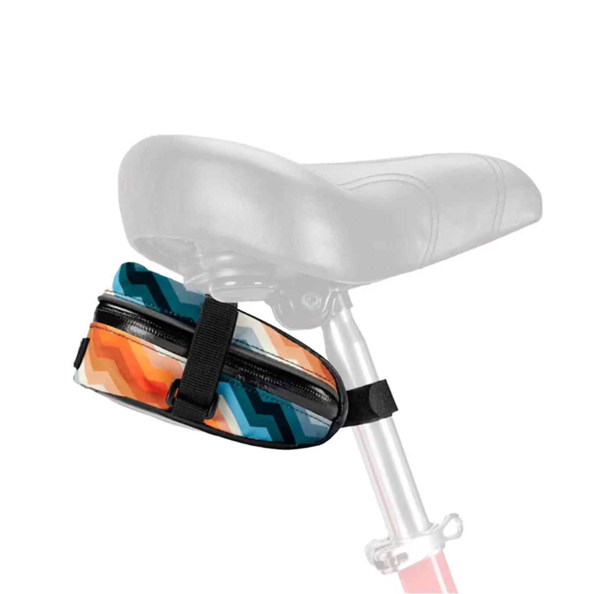 View of the Electra Ziggy Brown-Dusk Saddle Bag in a geometric orange, teal and off-white pattern mounted under a bicycle saddle against a white backaground.