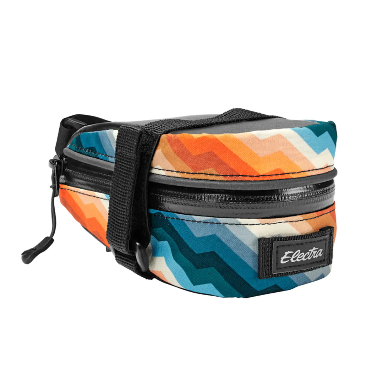 Front view of the Electra Ziggy Brown-Dusk Saddle Bag in a geometric orange, teal and off-white pattern against a white background.