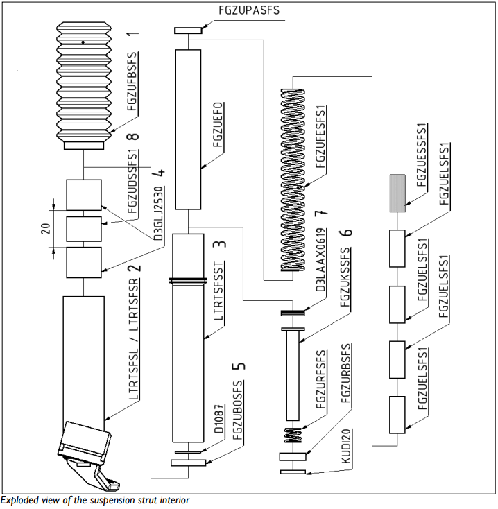 Exploded diagram of the HP Velotechnik Trike Front Suspension Strut Interior. Second diagram.