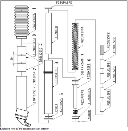 Exploded diagram of the HP Velotechnik Trike Front Suspension Strut Interior. Second diagram.