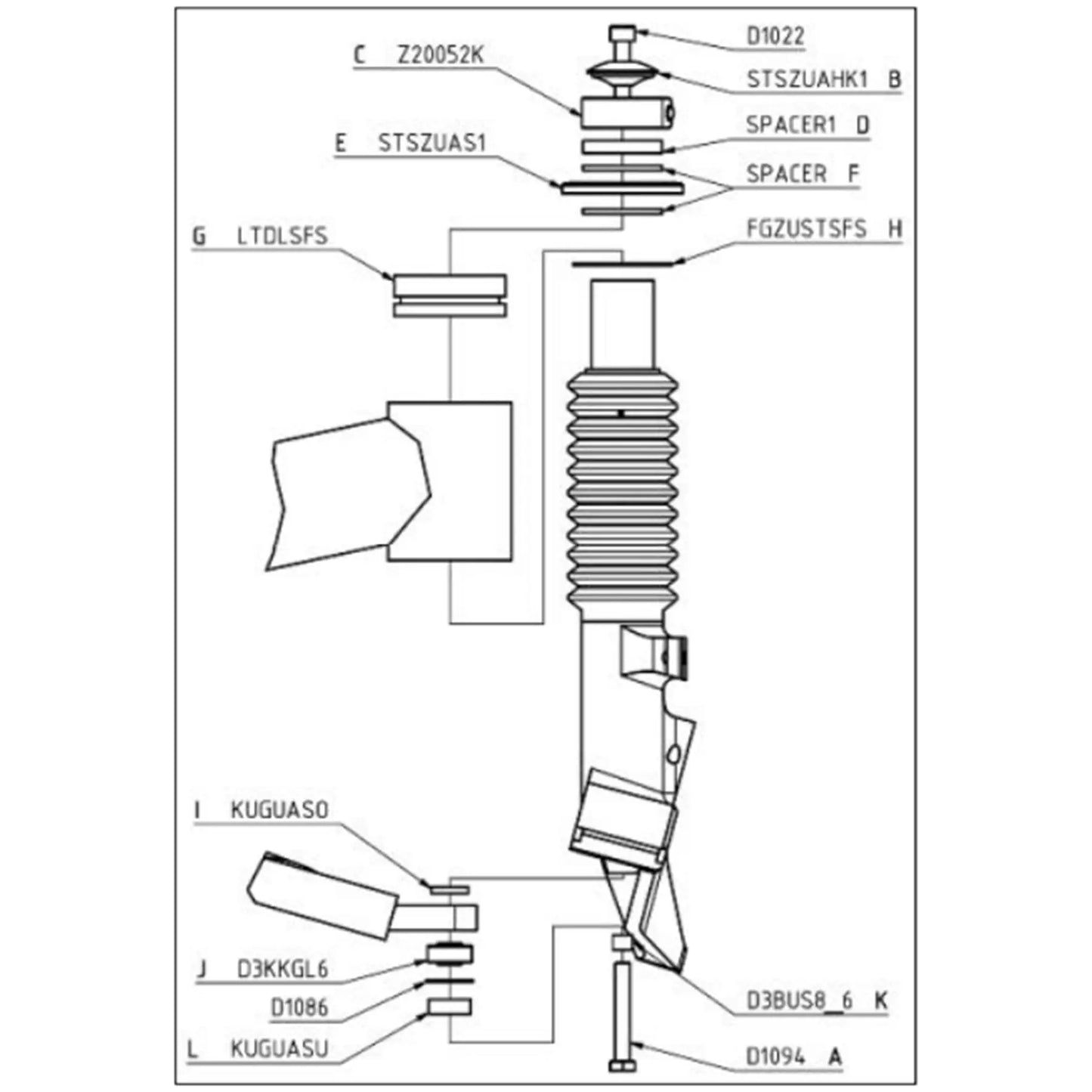 Exploded view of the HP Velotechnik Front Suspension Strut Assembly labeled with the various parts comprising the whole unit.
