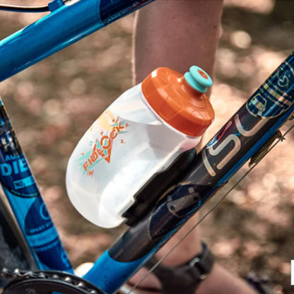 Bicycle water bottle holder with a water bottle attached mounted on a bike.