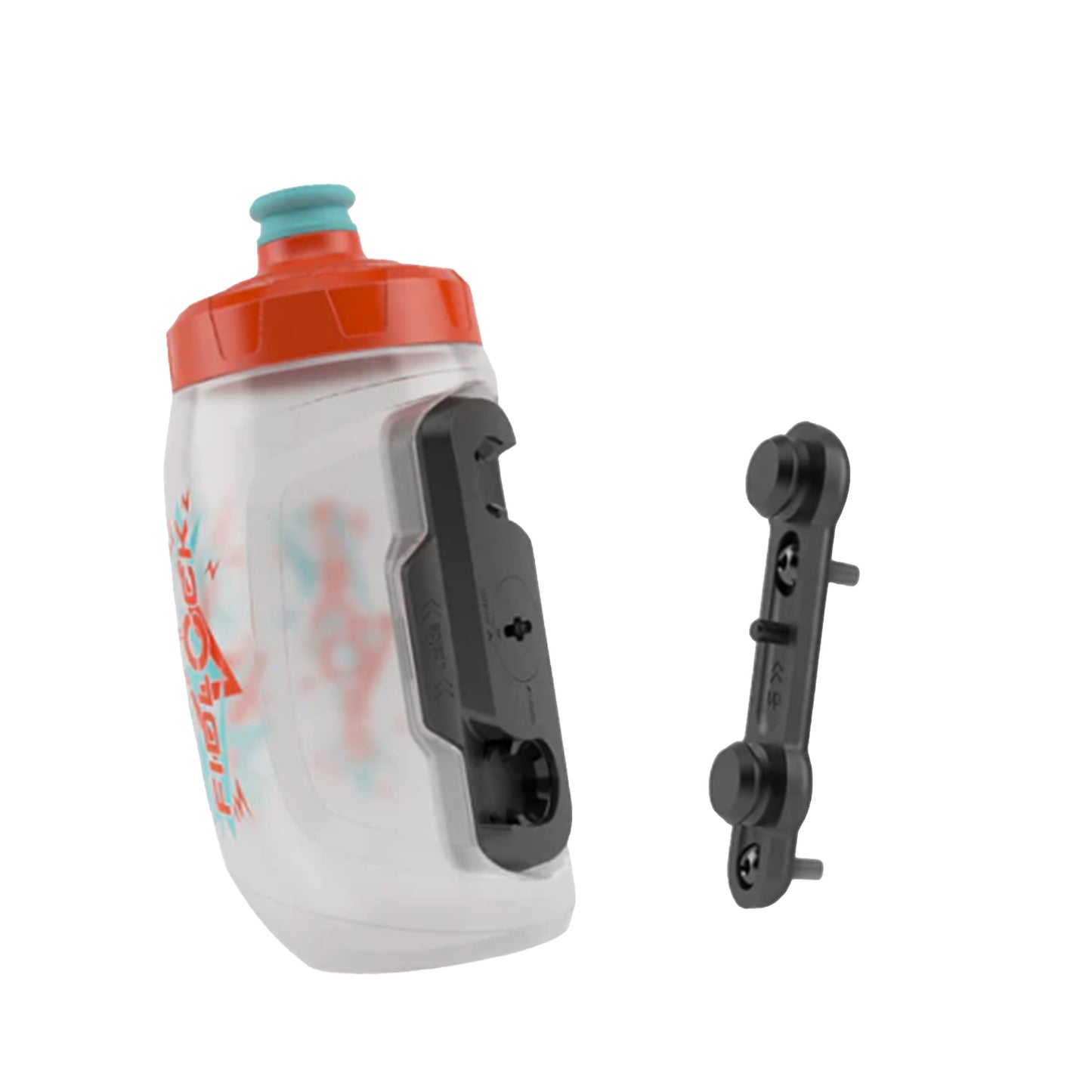Clear water bottle with red cap and black mount against a white background.