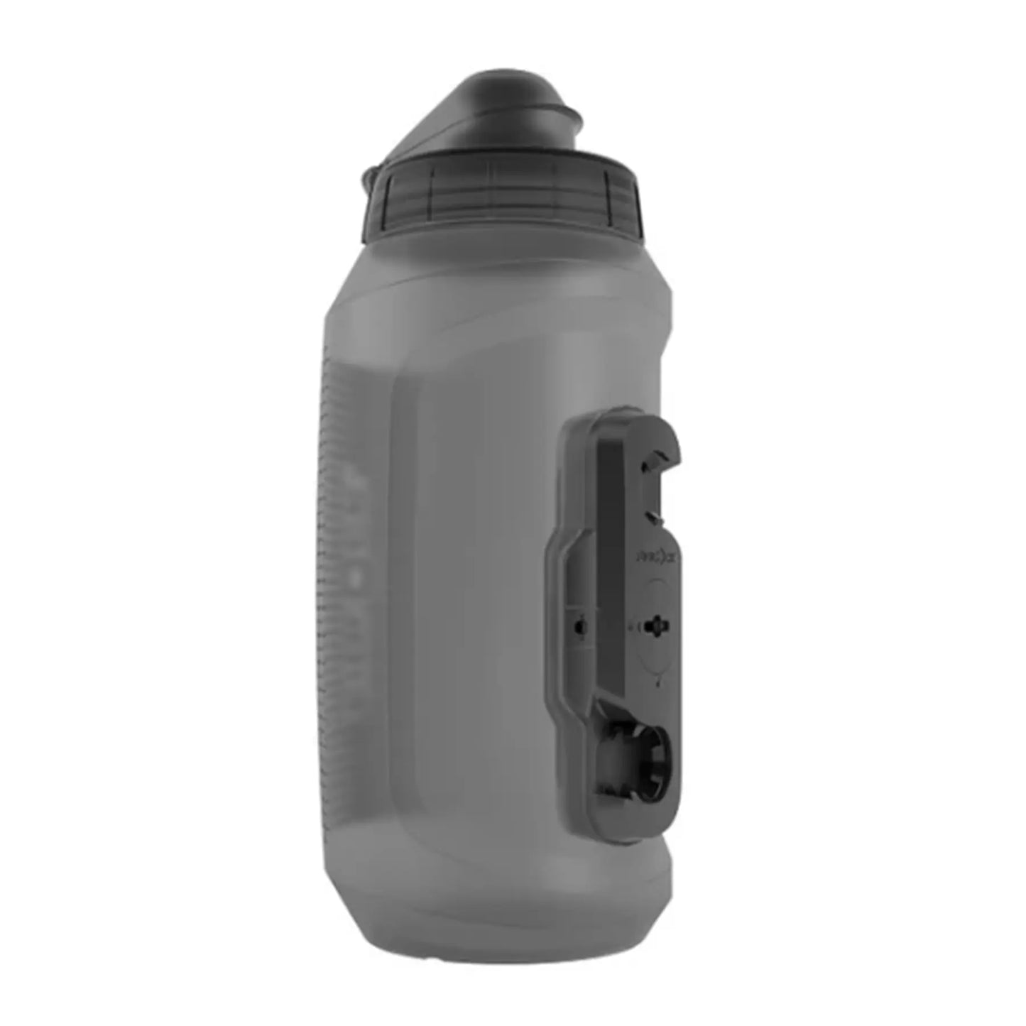 Back view of the Fidlock TWIST 750 Compact Single Bottle in Smoke showing the TWIST securing mechanism against a white background.