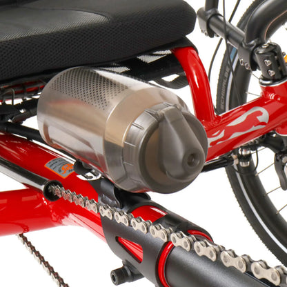 Closeup view of the Fidlock TWIST 750 Compact Single Bottle in Smoke mounted on a red recumbent trike against a white background.