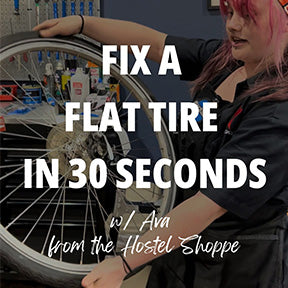 Image of Hostel Shoppe mechanic Ava, and the text "Fix a flat tire in 30 seconds".