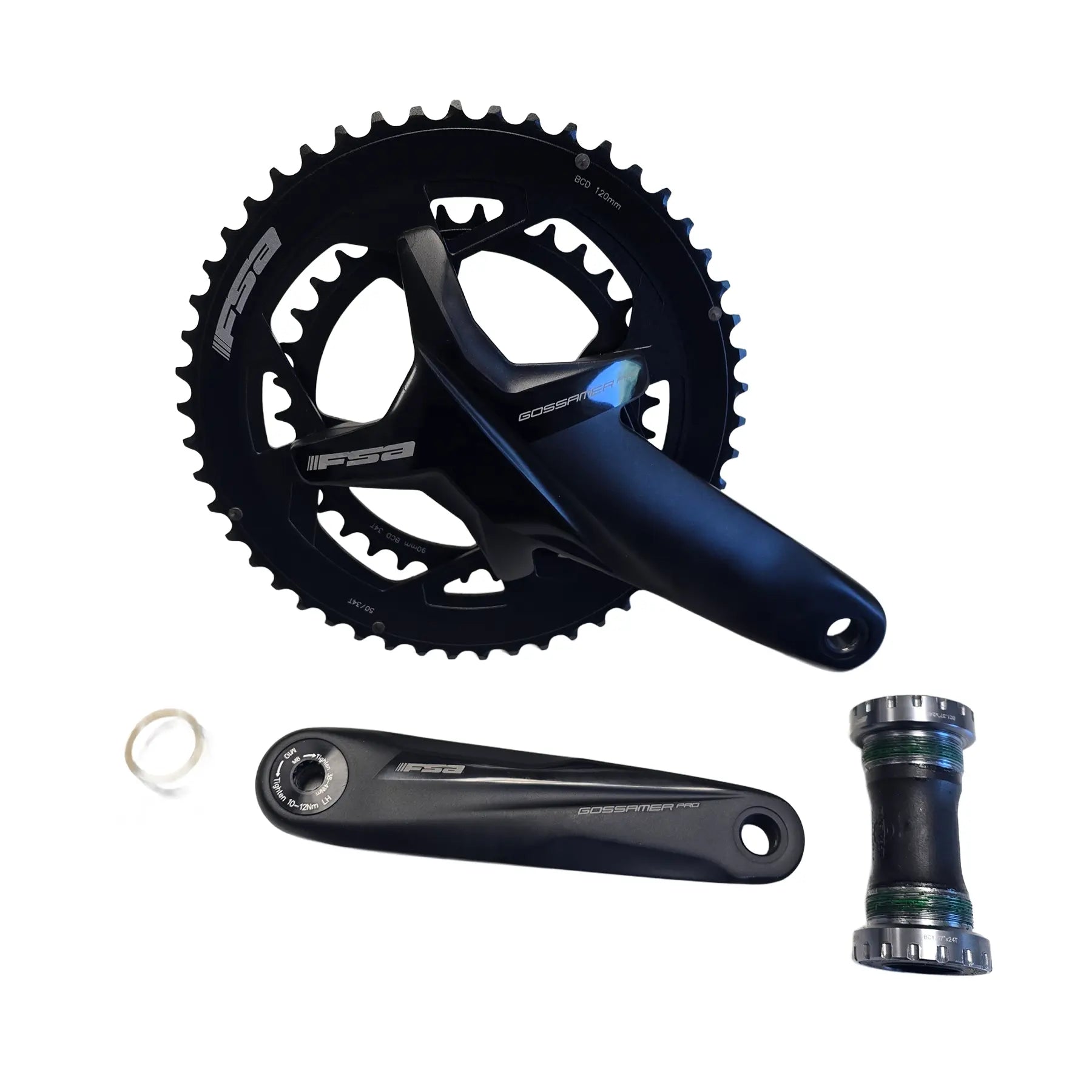 Side view of the Full Speed Ahead Gossamer Pro 34-50t Crankset with 165mm Crankarms and External Bottom Bracket against a white background.