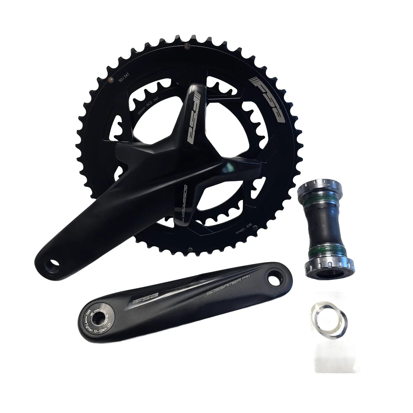 Side view of the Full Speed Ahead Gossamer Pro 34-50t Crankset with 165mm Crankarms and External Bottom Bracket against a white background.