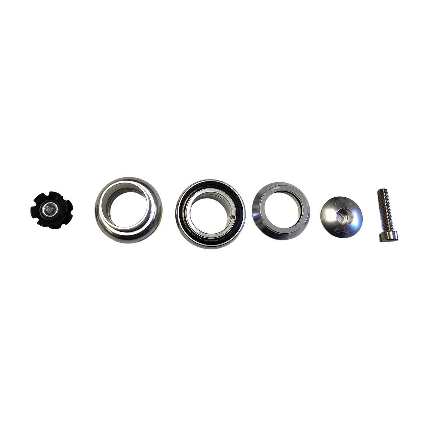 Layout of the separate parts of the Full Speed Ahead Orbit X 1 inch Threadless Headset in silver against a white background.