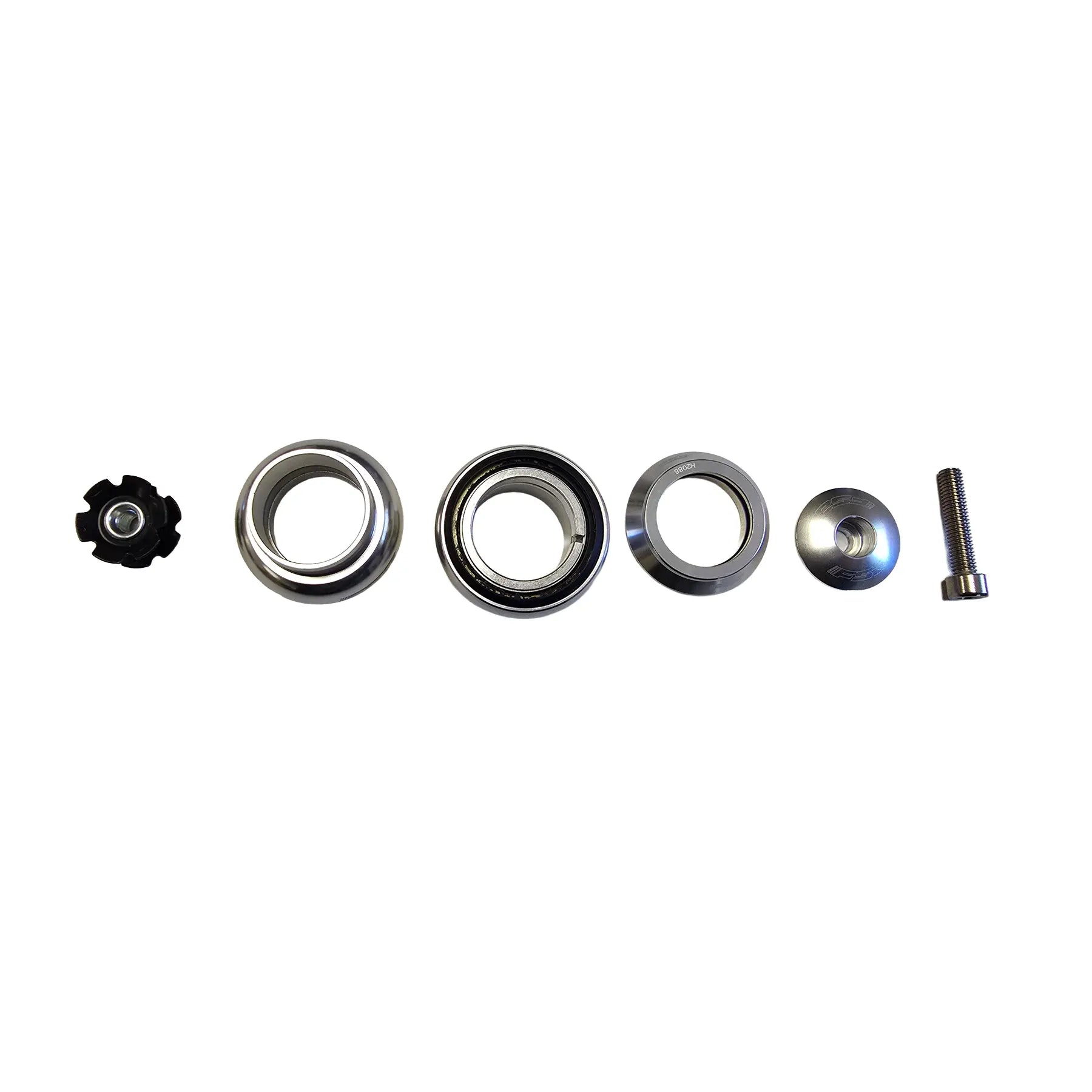 Layout of the separate parts of the Full Speed Ahead Orbit X 1 inch Threadless Headset in silver against a white background.