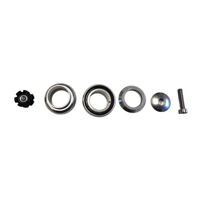 Layout of the separate parts of the Full Speed Ahead Orbit X 1 inch Threadless Headset in silver against a white background.