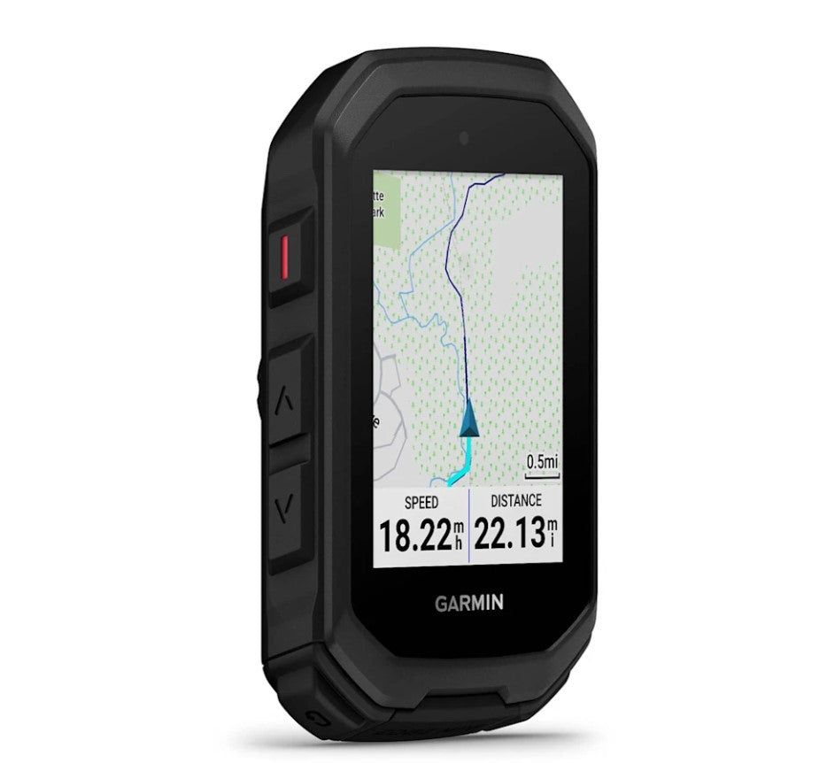 Angled view of black Garmin Edge MTB computer showing screen and three side buttons