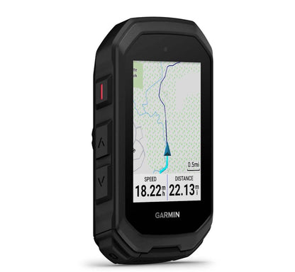 Angled view of black Garmin Edge MTB computer showing screen and three side buttons