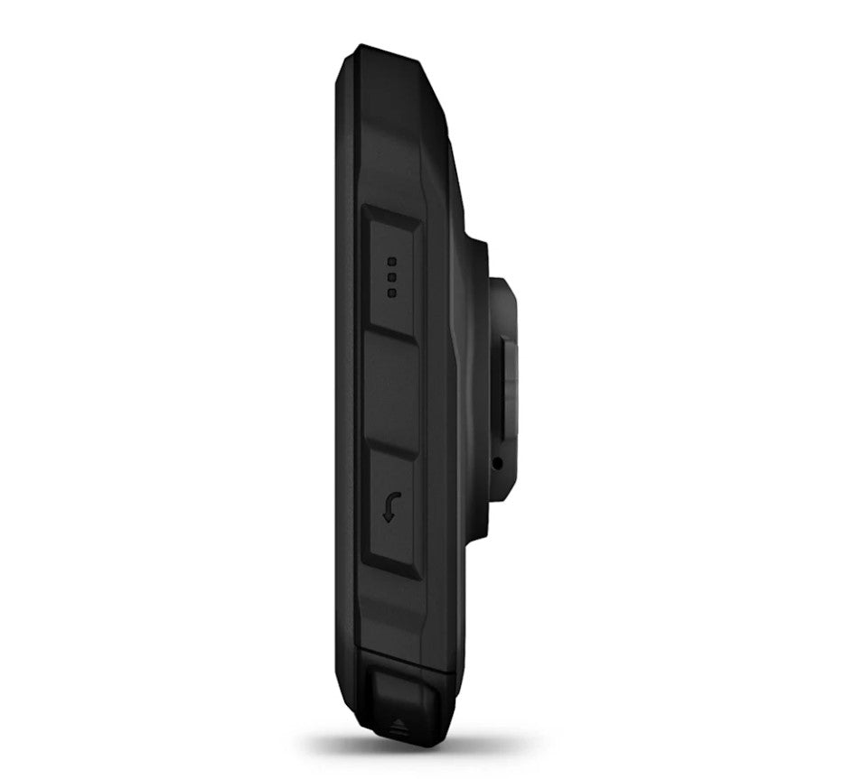 Side view of two buttons on  black Garmin Edge MTB computer. 