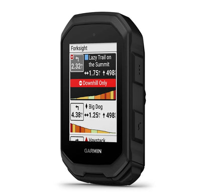Angled screen view of a black Garmin Edge MTB showing navigation screen. 
