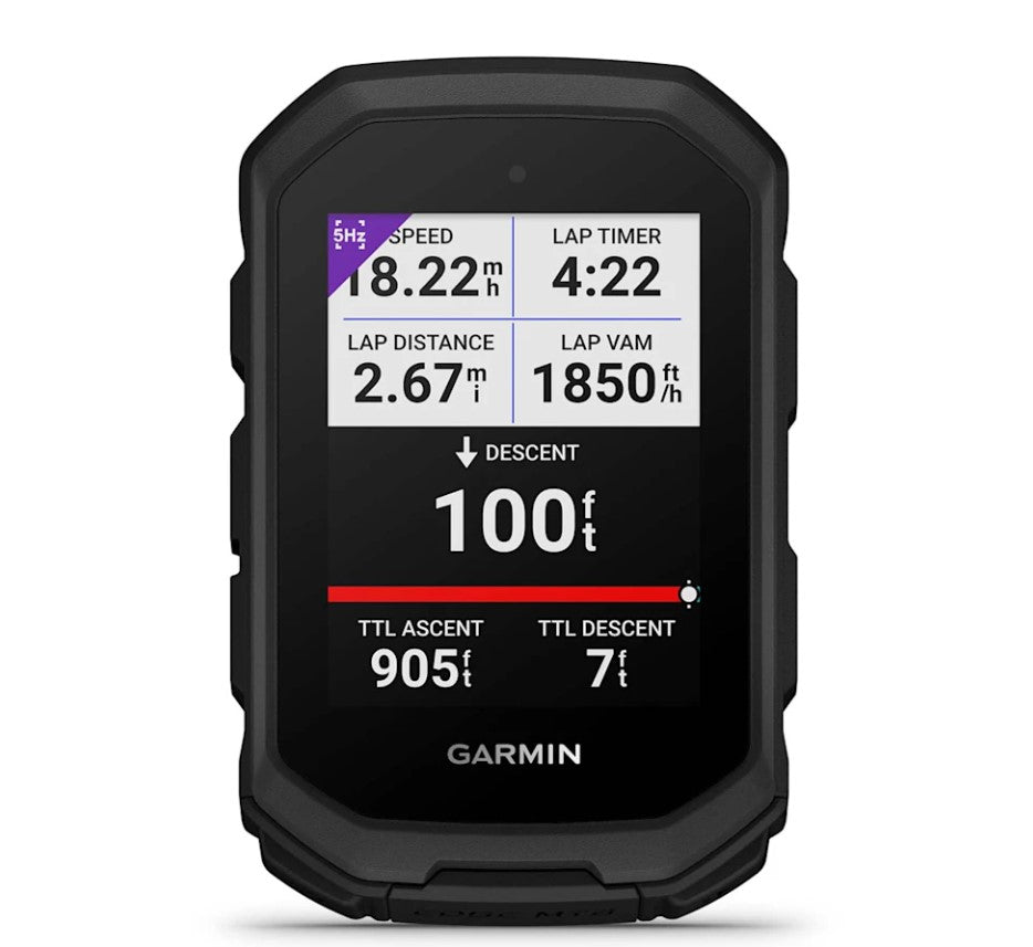 Screen view of black Garmin Edge MTB computer showing stats such as speed, lap timer, lap distance, and decent. 