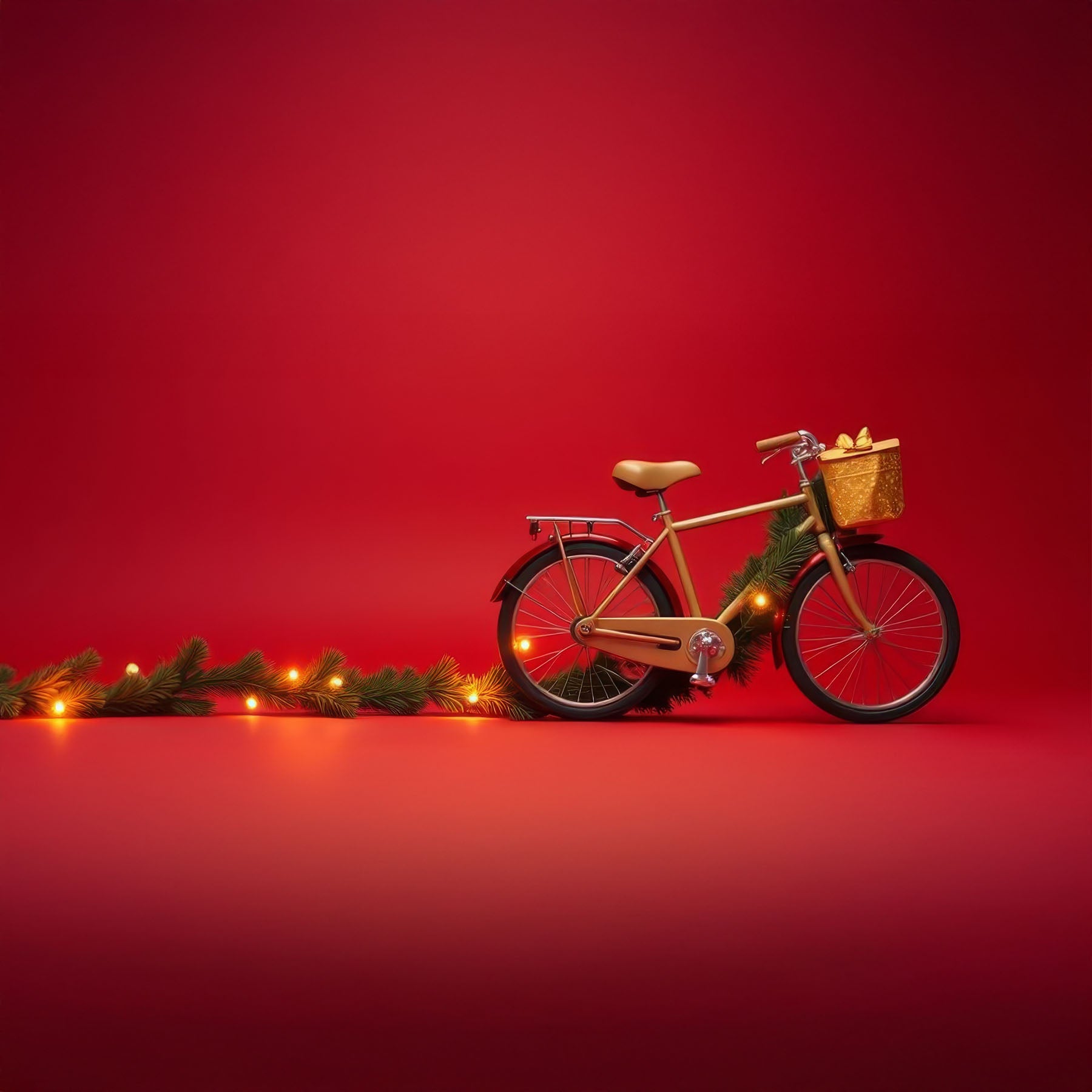 A gold bike and greenery with holiday lights are set against a red background.