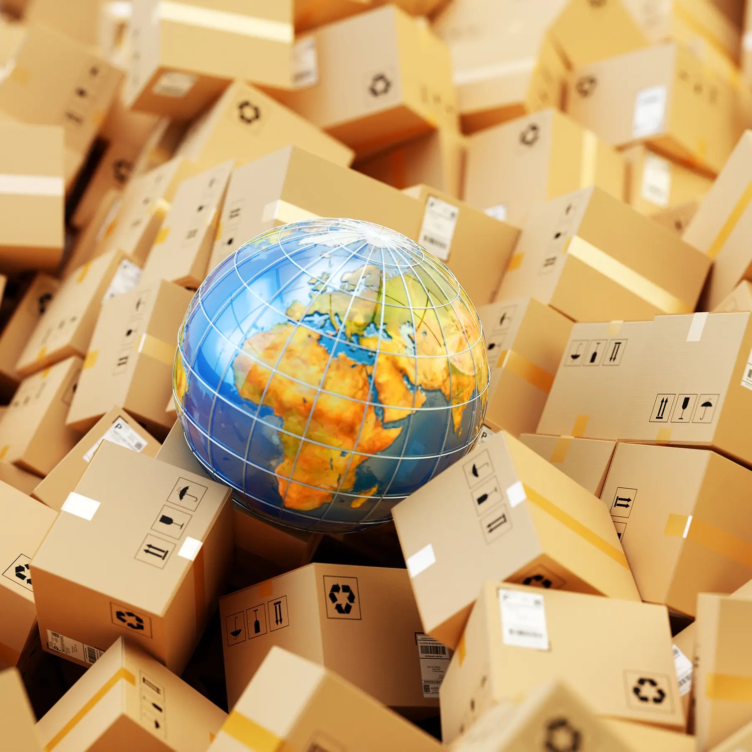 Globe surrounded by cardboard boxes, symbolizing global shipping or logistics.