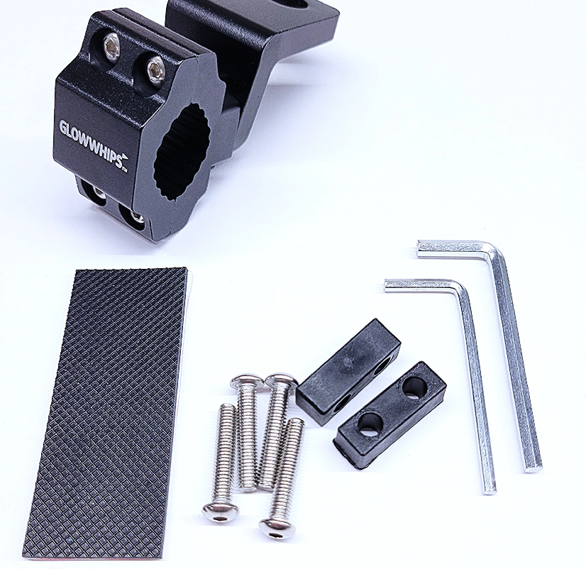 View of the Glowwhips 360 Degree Adjustable Bar Mount, showing included parts, on a white background.