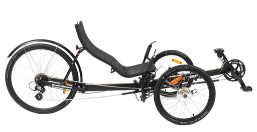 GreenSpeed recumbent trike with dark gray frame, 20 inch front wheels and 26 inch rear wheel, right profile view