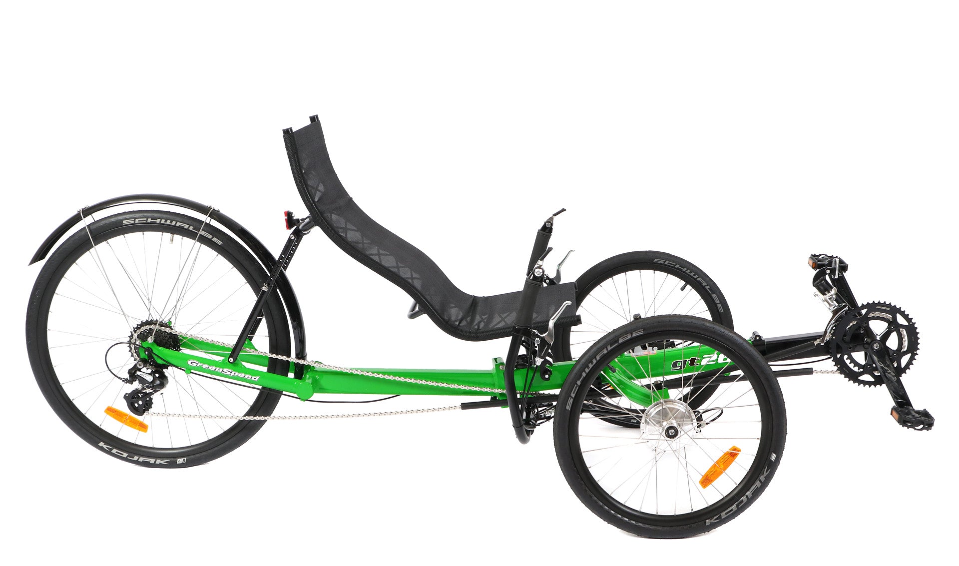 GreenSpeed recumbent trike with bright green frame, 20 inch front wheels and 26 inch rear wheel, right profile view