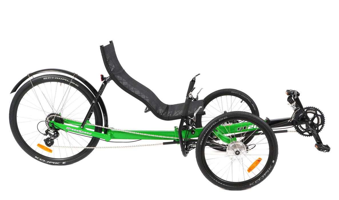 GreenSpeed recumbent trike with bright green frame, 20 inch front wheels and 26 inch rear wheel, right profile view