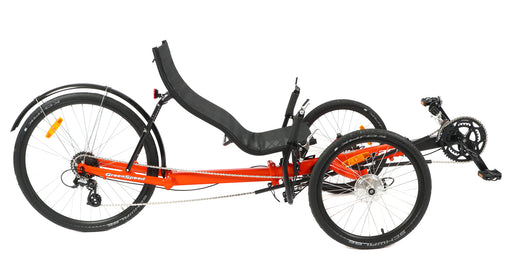 GreenSpeed recumbent trike with bright orange frame, 20 inch front wheels and 26 inch rear wheel, right profile view