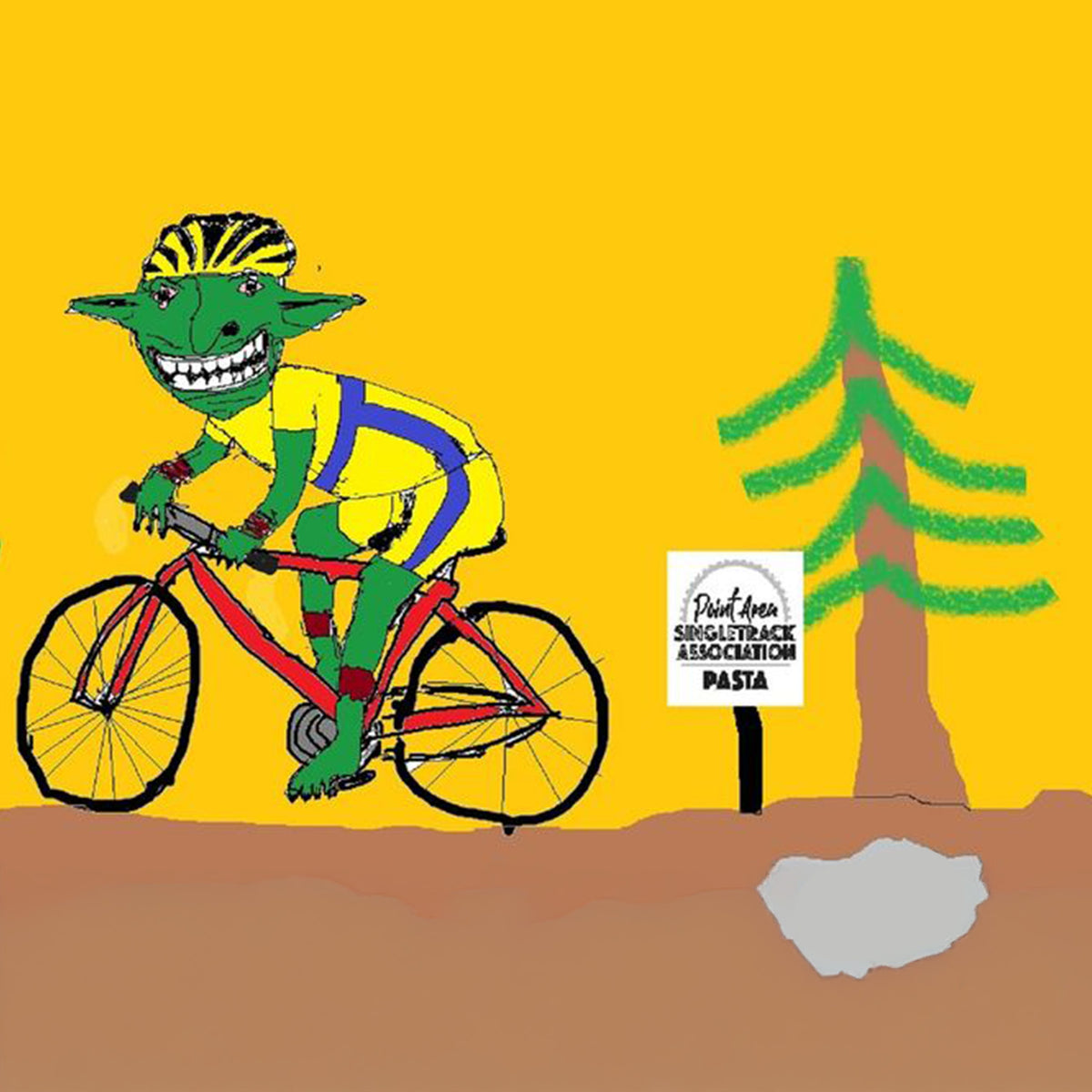 Cartoon character riding a bike with a tree and sign on a yellow background