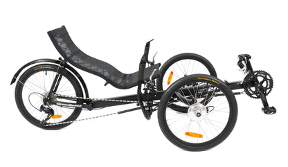 Side view of a Greenspeed GT20 recumbent trike in Fossil against a white background.