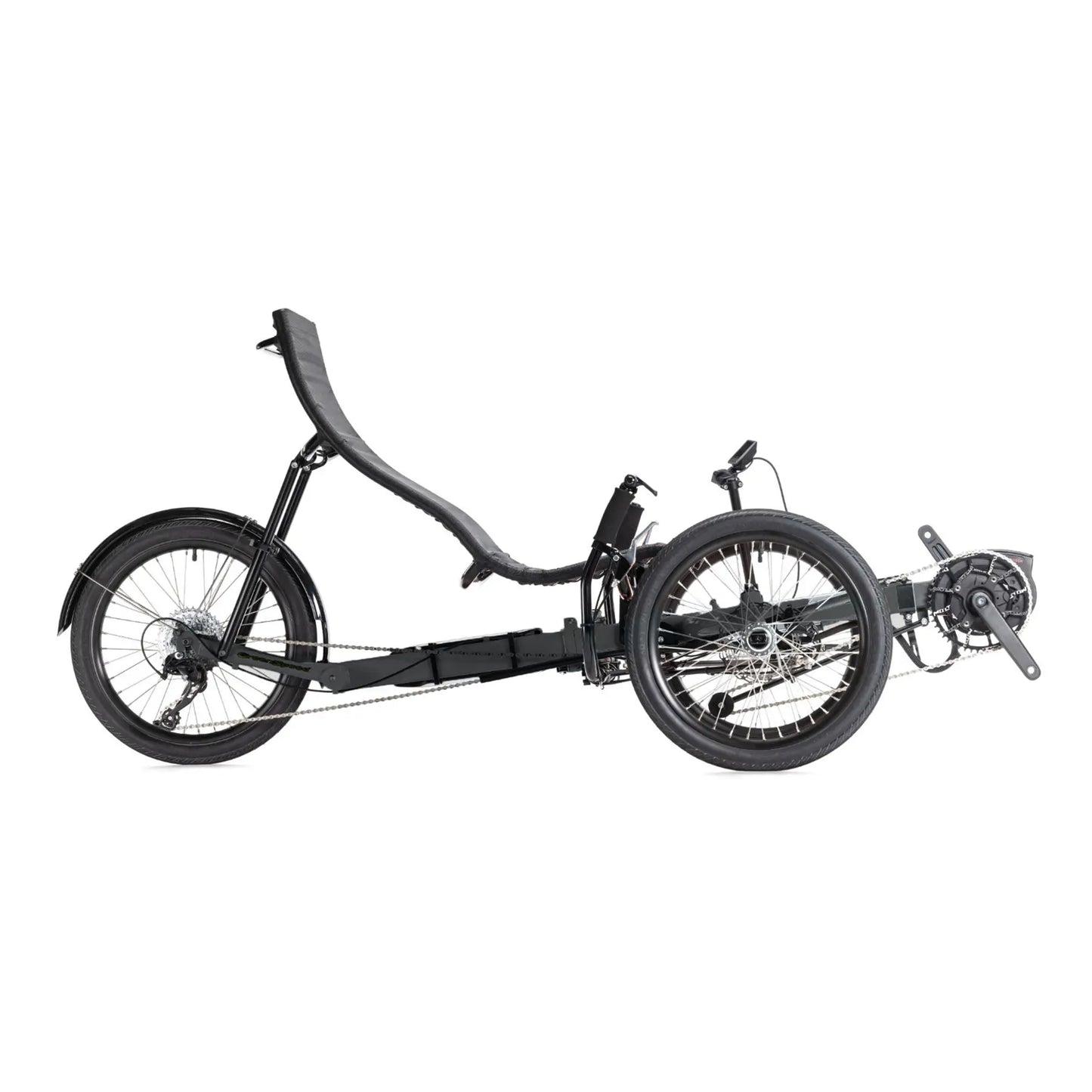 Side view of the Greenspeed Magnum XL Bosch e-Plus Recumbent Trike in Smoke against a white background.