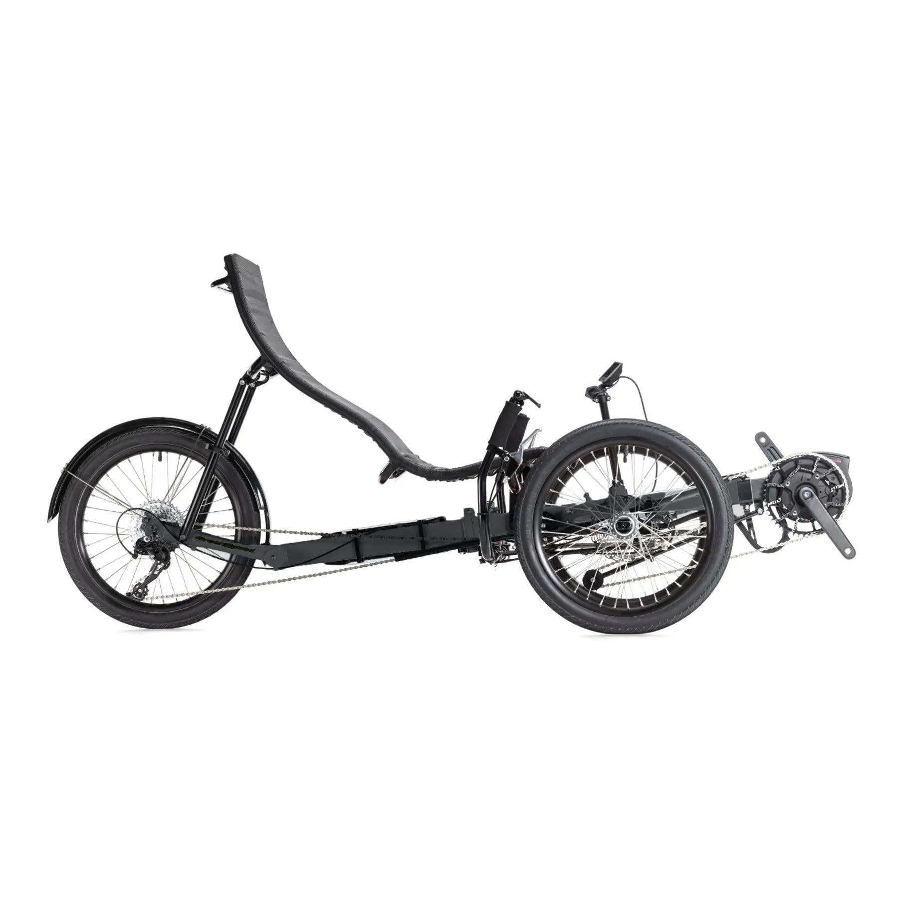 Side view of the Greenspeed Magnum XL Bosch e-Plus Recumbent Trike in Smoke against a white background.