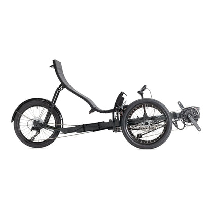 Side view of the Greenspeed Magnum XL Bosch e-Plus Recumbent Trike in Smoke against a white background.