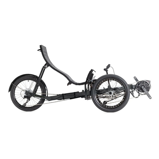 Side view of the Greenspeed Magnum XL Bosch e-Plus Recumbent Trike in Smoke against a white background.