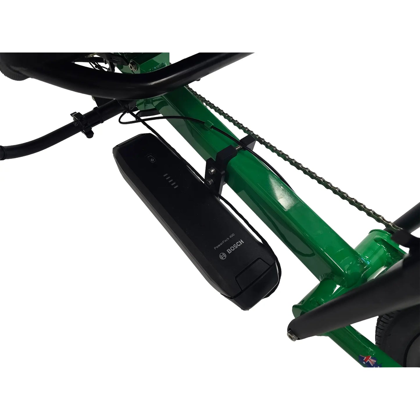 Closeup view of the Bosch battery on the Greenspeed Magnum XL Bosch e-Plus Recumbent Trike in Speed Green against a white background.