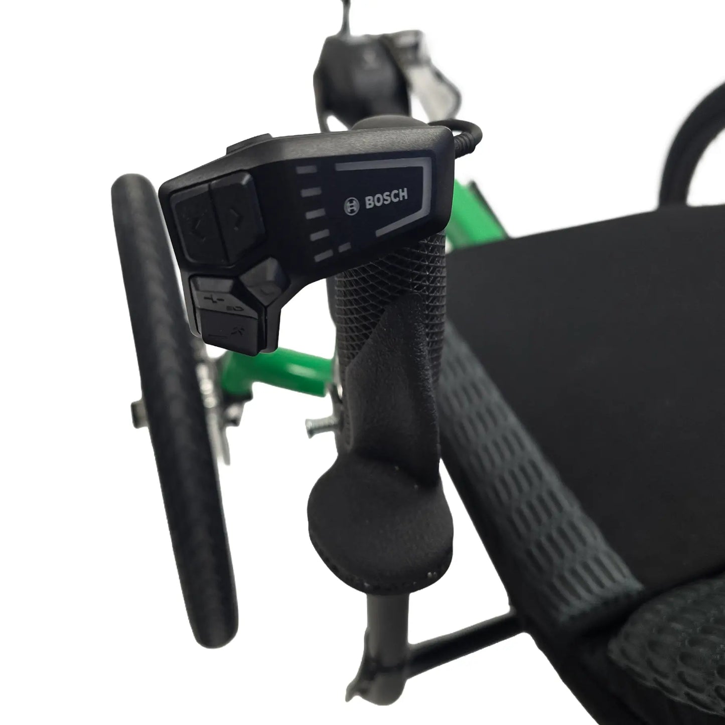 Closeup view of the Bosch controller and ATC grips on the Greenspeed Magnum XL Bosch e-Plus Recumbent Trike in Speed Green against a white background.
