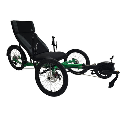 Angled side view of the Greenspeed Magnum XL Bosch e-Plus Recumbent Trike in Speed Green against a white background.