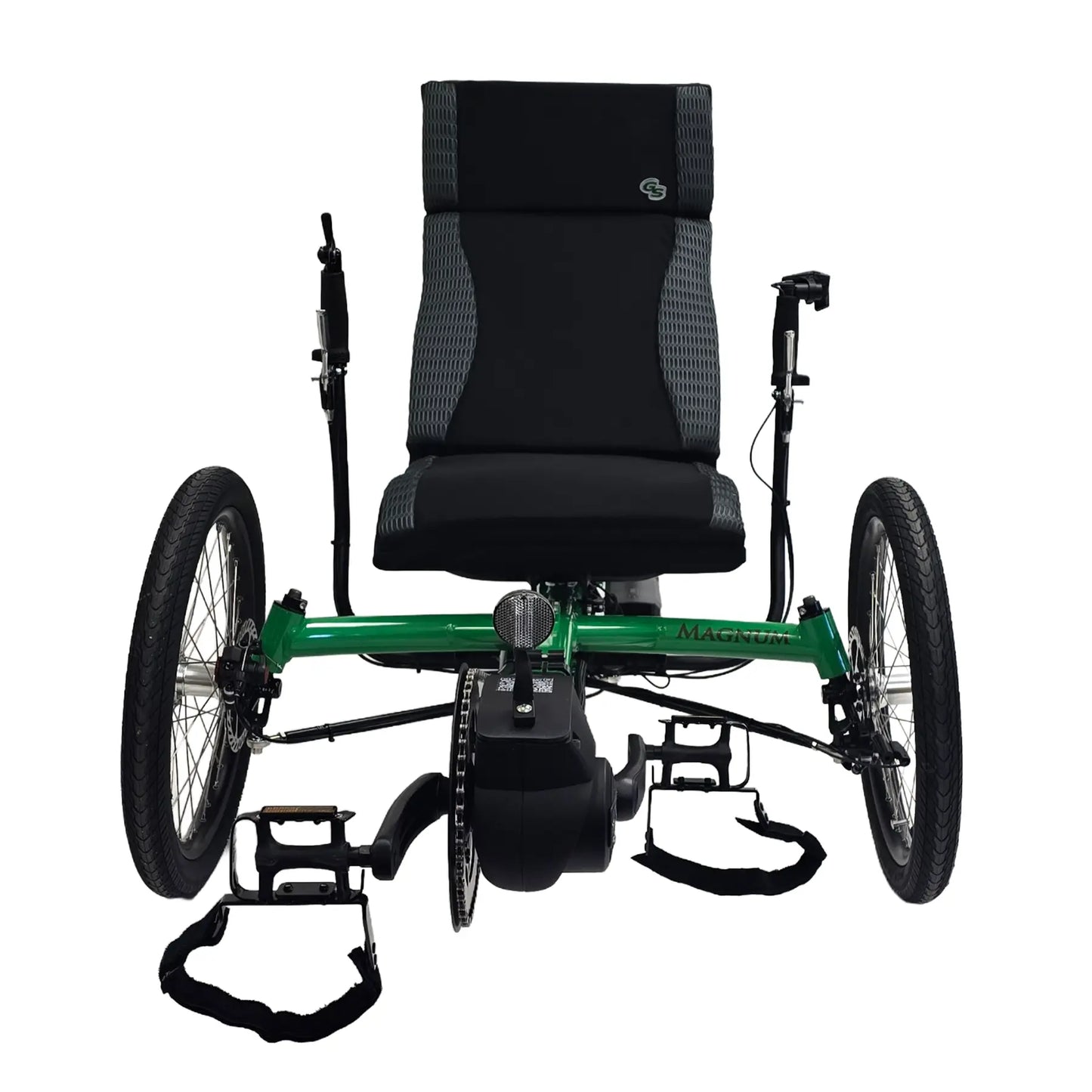 Front view of the Greenspeed Magnum XL Bosch e-Plus Recumbent Trike in Speed Green against a white background.