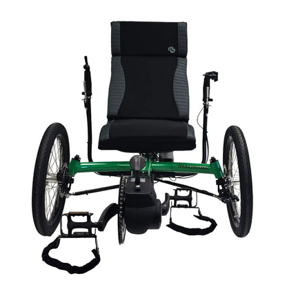 Front view of the Greenspeed Magnum XL Bosch e-Plus Recumbent Trike in Speed Green against a white background.
