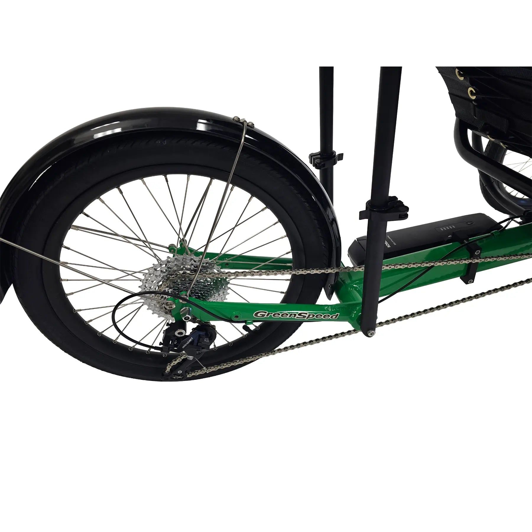 Closeup view of the Bosch battery and rear wheel on the Greenspeed Magnum XL Bosch e-Plus Recumbent Trike in Speed Green against a white background.