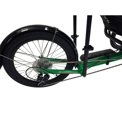Closeup view of the Bosch battery and rear wheel on the Greenspeed Magnum XL Bosch e-Plus Recumbent Trike in Speed Green against a white background.
