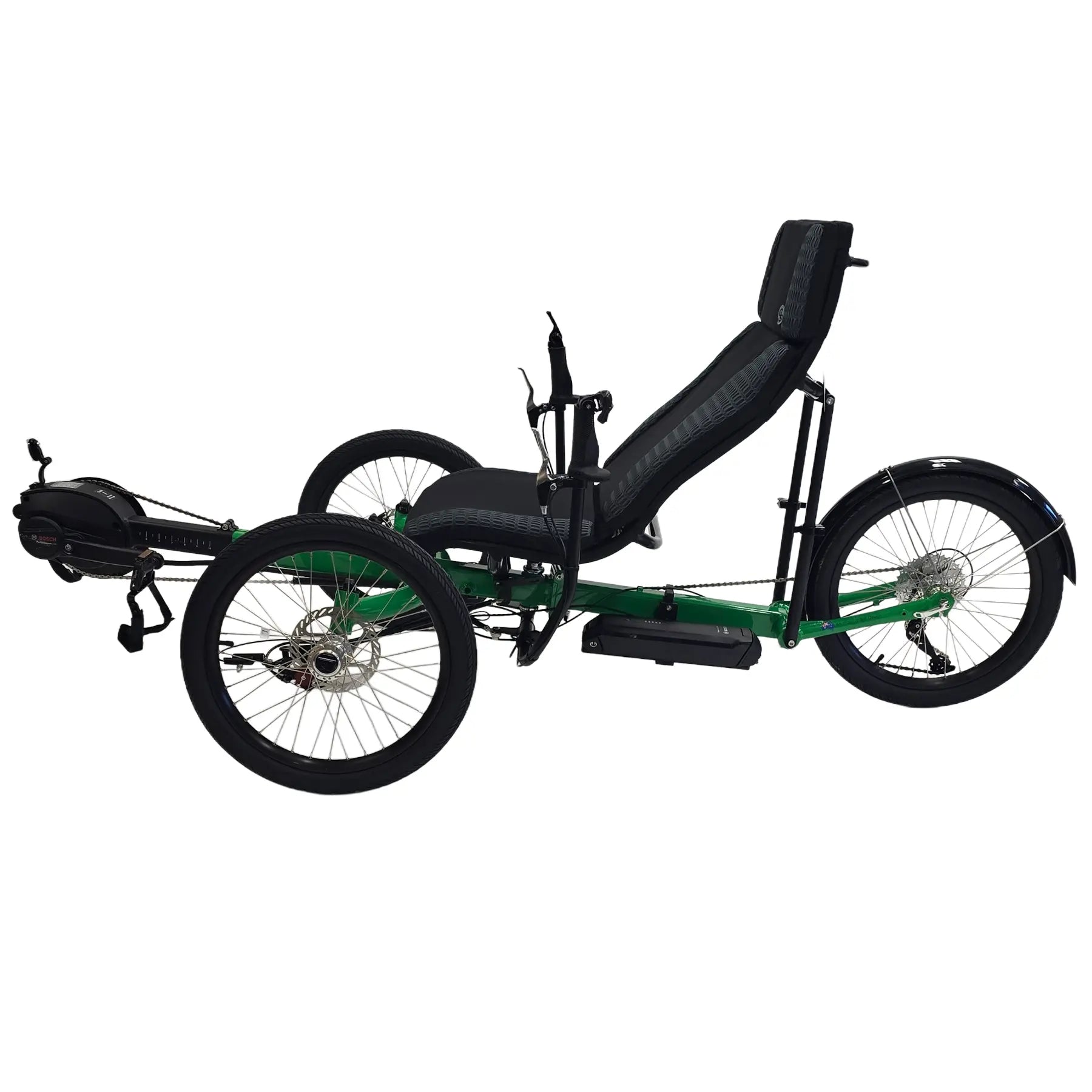 Non-drive side view of the Greenspeed Magnum XL Bosch e-Plus Recumbent Trike in Speed Green against a white background.