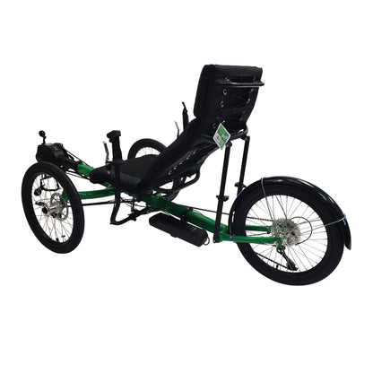 Rear angled side view of the Greenspeed Magnum XL Bosch e-Plus Recumbent Trike in Speed Green against a white background.