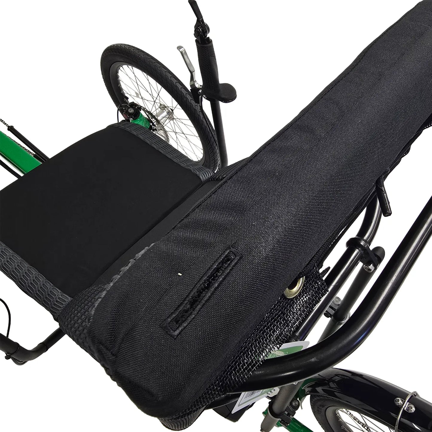 Closeup view of the seat cushion and flag mounting hole on the Greenspeed Magnum XL Bosch e-Plus Recumbent Trike in Speed Green against a white background.