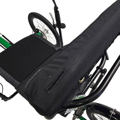 Closeup view of the seat cushion and flag mounting hole on the Greenspeed Magnum XL Bosch e-Plus Recumbent Trike in Speed Green against a white background.