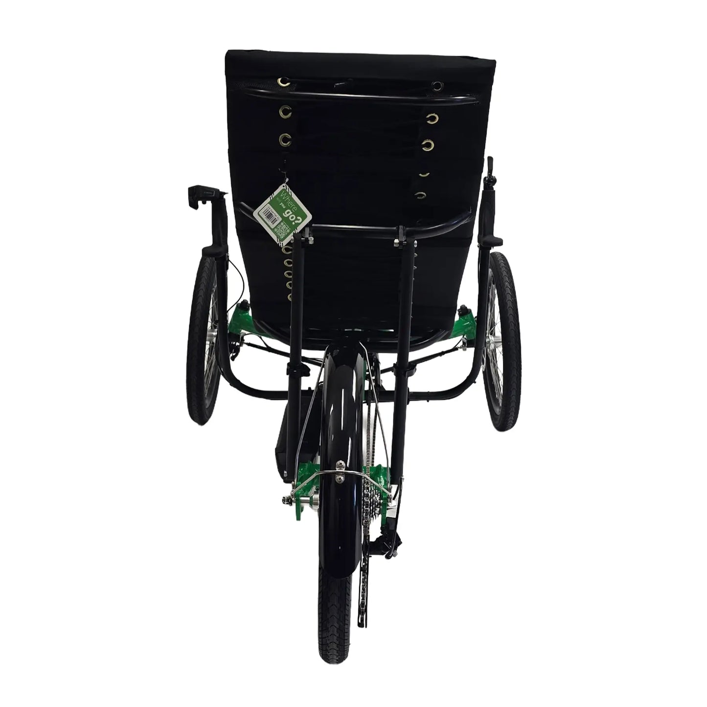 Rear view of the Greenspeed Magnum XL Bosch e-Plus Recumbent Trike in Speed Green against a white background.