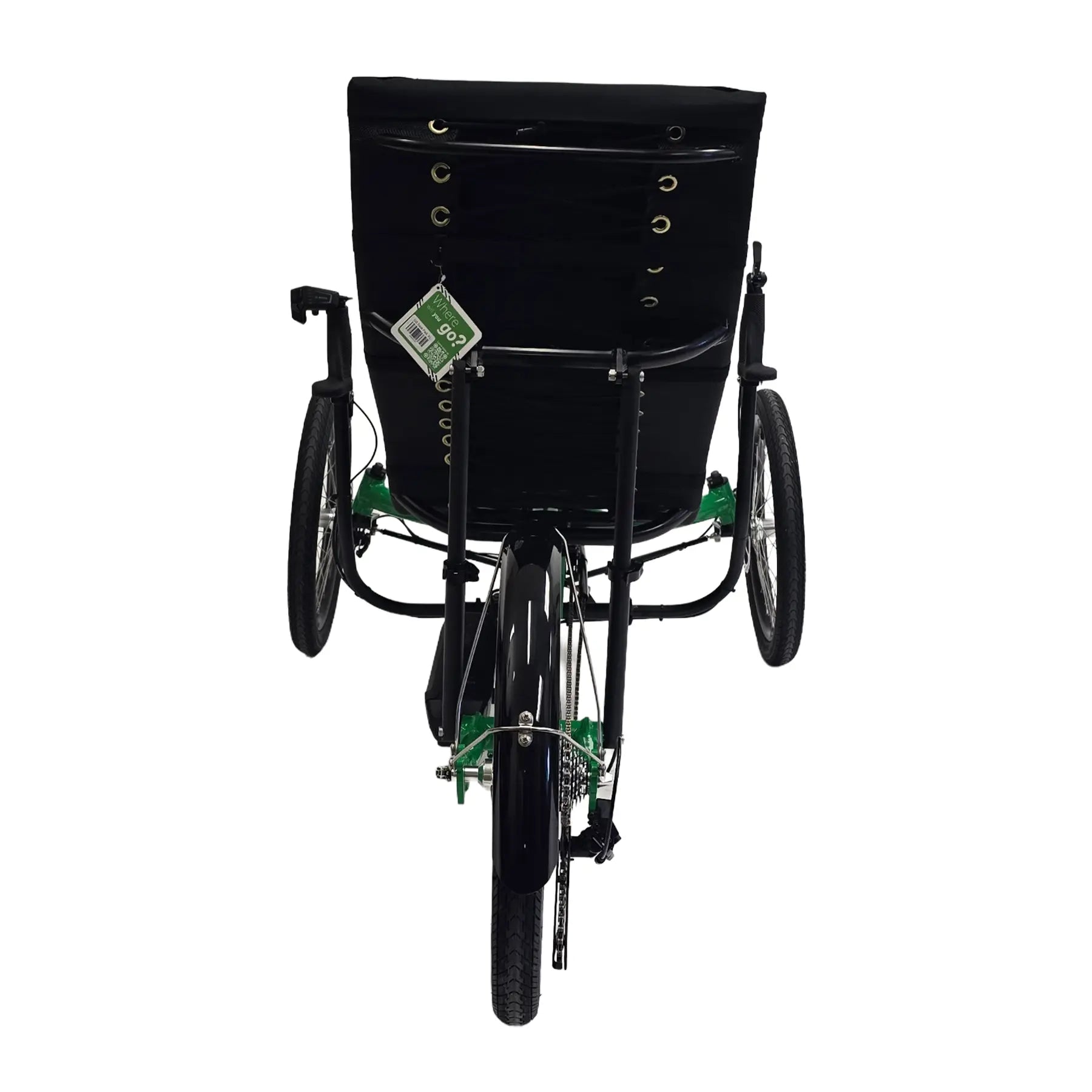 Rear view of the Greenspeed Magnum XL Bosch e-Plus Recumbent Trike in Speed Green against a white background.