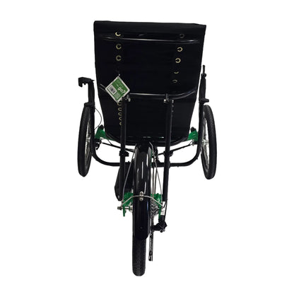 Rear view of the Greenspeed Magnum XL Bosch e-Plus Recumbent Trike in Speed Green against a white background.